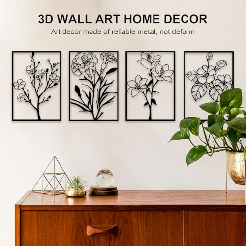 Metal Flower Wall Decor Art Living Room, Black Floral Wall Art Home Decor - size: M 11 x 15.7