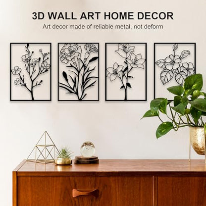 Metal Flower Wall Decor Art Living Room, Black Floral Wall Art Home Decor - size: M 11 x 15.7