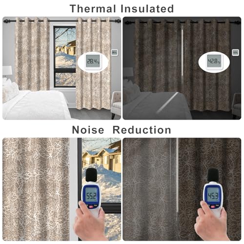 Abstract Floral Patterned Blackout Curtains for Bedroom and Living Room, Farmhouse Summer Thermal Insulated Curtains 84 Inch Length 2 Panels Set, Room Darkening Soundproof Curtains with Two Tiebacks - color: Beige Line Floral