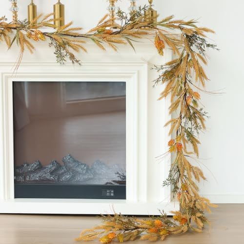 MIZII Fall Decor Beige 10 Feet Artificial Wheat Stalks Garland with Leaves Flowers Hops Hanging Vines Garlands Autumn Thanksgiving Harvest Decorations for Porch Mantle Fireplace Farmhouse (10ft,Beige) - color: 10ft,beige
