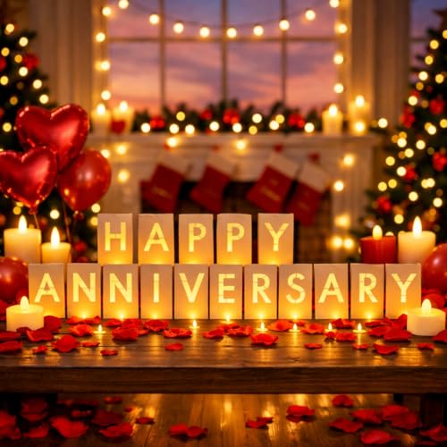 Happy Anniversary Light Up Letters, Include Light up Letters, with Tea Lights Candles, Latex Balloons, Aluminum Balloons and Rose Petals, Anniversary and Valentines' Day Decorations - style: Happy Anniversary