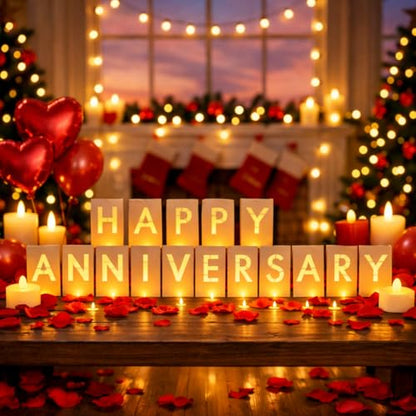 Happy Anniversary Light Up Letters, Include Light up Letters, with Tea Lights Candles, Latex Balloons, Aluminum Balloons and Rose Petals, Anniversary and Valentines' Day Decorations - style: Happy Anniversary