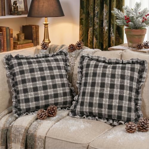 18x18 Black and White Christmas Tartan Plaid Ruffle Pillow Covers Set of 2 - color: Black Ruffled Plaid Throw Pillow Covers, size: 18" x 18" (Pack of 2)