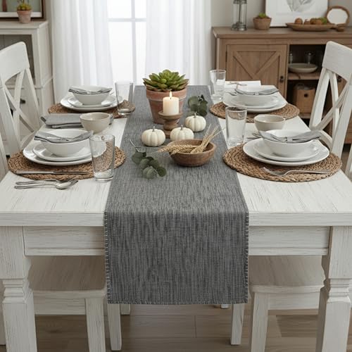 Cotton Table Runner 72 inches Long Decorative Stitched Edge Kitchen Table Runner Bedroom Dresser Scarf Dining Room Table Topper Washable Textured Fabric Runner Furniture Top Cover Grey - color: Grey, size: 14"x 72"