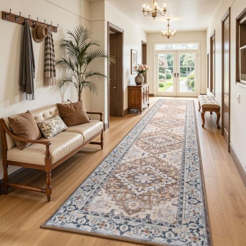 Lofus 2'6" x 12' Hallway Kitchen Washable Runner Rug, Long Carpet Brown - color: Floral Brown, size: 2'6 x 12' (Runner)