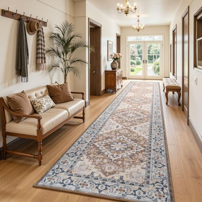 Lofus 2'6" x 12' Hallway Kitchen Washable Runner Rug, Long Carpet Brown - color: Floral Brown, size: 2'6 x 12' (Runner)
