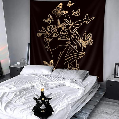 Simple Woman Tapestry Flower Butterfly Line Aesthetic Modern Wall Hanging - color: Black Simple Woman, size: 59"L x 51"W