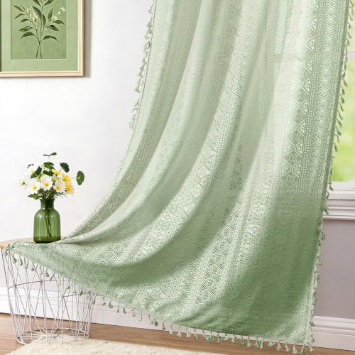 Green Boho Sheer Lace Window Curtains with Tassel, 40" Wx90 Lx2 - color: Green, size: 40"W x 90"L (Pack of 2)