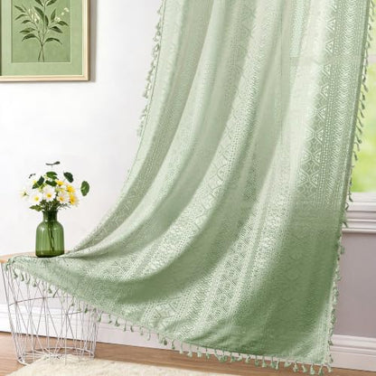 Green Boho Sheer Lace Window Curtains with Tassel, 40" Wx90 Lx2 - color: Green, size: 40"W x 90"L (Pack of 2)