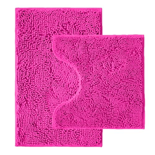 Bathroom Rugs Sets 2 Piece,Super Absorbent Chenille Bath Mats and U-Shaped Toilet Rug,Strong PVC Non Slip Backing,Microfiber Washable Dry Quickly Bath Mats for Bathroom(20"x32"+20"x20"U,Hot Pink) - color: Hot Pink