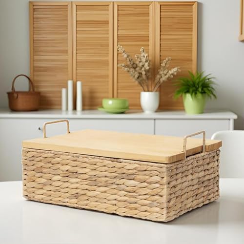 Water Hyacinth Wicker Storage Baskets with Wooden Lid (Large) - size: Large (Single)