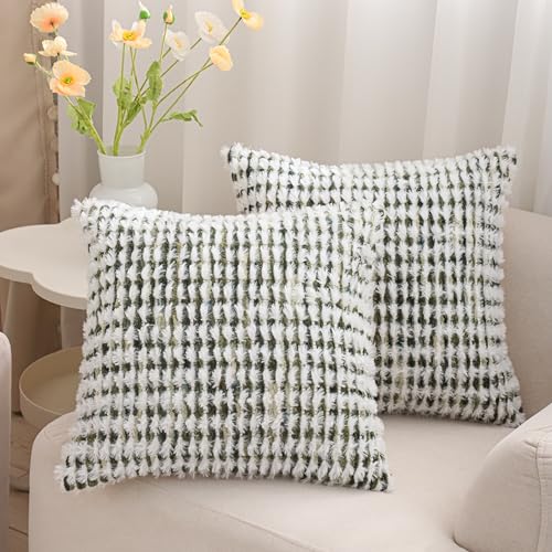 LUOYEHK Boho Throw Pillow Covers 20x20 Inch Set of 2 Farmhouse Neutral Pillow Covers Chenille Tufted Pillowcase for Couch Sofa Bed Living Room, Green White - color: Green White, size: 20" x 20" (Pack of 2)