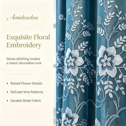 Amidoudou 1 Pair European Double Layer Curtains for Living Room Bedroom Luxury Flower Embroidered Curtains with Valance (Blue,52x95 Inch) - color: Blue, size: 52"W x 95"L (Pack of 2)