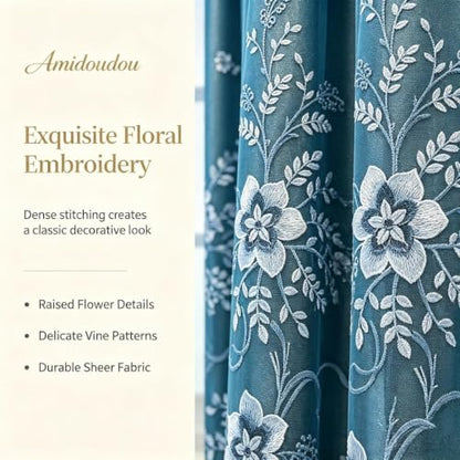 Amidoudou 1 Pair European Double Layer Curtains for Living Room Bedroom Luxury Flower Embroidered Curtains with Valance (Blue,52x95 Inch) - color: Blue, size: 52"W x 95"L (Pack of 2)