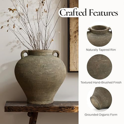 LuxenHome Rustic Large Flower Vase,14'' Tall Brown Terracotta Cauldron Vase - size: Medium
