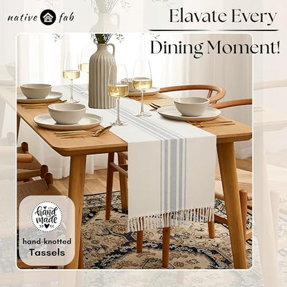 Native Fab Gray Stripe Table Runner - 90 Inches Long Boho Table Covers with Tassels - 100% Cotton, Tight Weave, Non Slip Tablerunner for Dining, Kitchen, Wedding, 14"x90" - Light Grey & White - color: Ash (Light) Grey White, size: 14x90