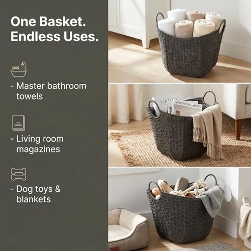 Household Essentials Handwoven Paper Rope Storage Basket with Metal Frame and Handles, Gray - color: Grey Paper Rope