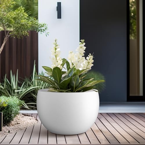 Kante Accent Round Bowl White Concrete Planter 15.7" Dia, Outdoor - color: Pure White, size: 15.7" d