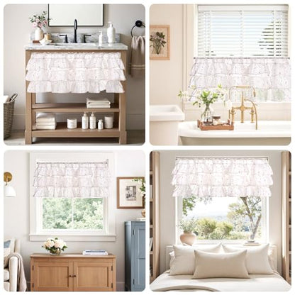 jinchan Mini Pom-Pom Ruffled Valance for Windows 18 Inch 1 Panel Red - color: Dottie Blush Meadow