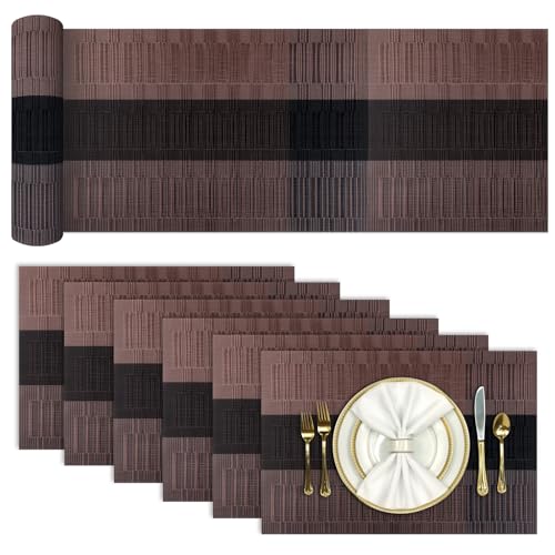 Aofmee Table Runner and Placemats Set of 6 Washable, Heat Resistant Place Mats with Table Runner, Woven Vinyl Table Placemats for Dining Table, Stain Resistant Kitchen Table Mats Sets, Easy to Clean - color: Brown, size: Set of 7