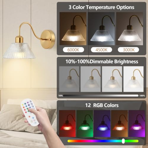 Vintage Battery-Operated Wall Sconces,Wireless Rechargeable Wall Light with Flower Glass Lampshade,Dimmable Wall Lamp with Remote Control for the Bedroom,Bathroom,Living Room,Bedside,Hallway,Set of 2 - color: Transparent