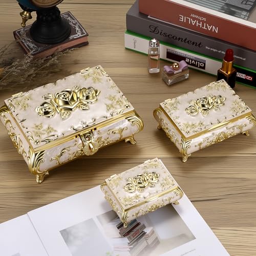 Hipiwe Metal Jewelry Organizer Box Antique Treasure Box with Rose Pattern - color: Gold, size: Medium