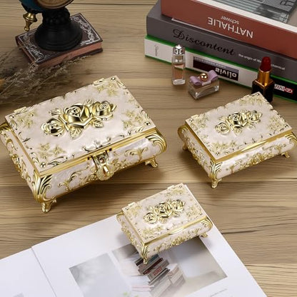 Hipiwe Metal Jewelry Organizer Box Antique Treasure Box with Rose Pattern - color: Gold, size: Medium