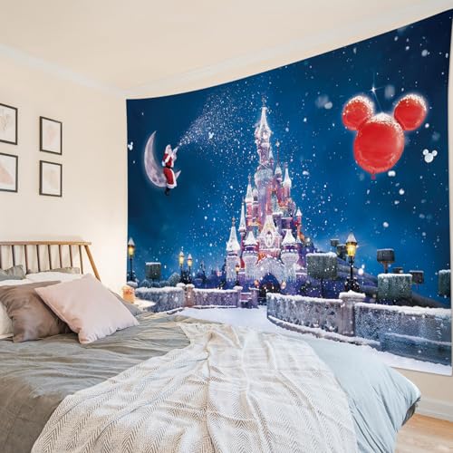HVEST Christmas Tapestry Wall Hanging Castle Tapestry Santa Claus Sitting on Moon with Snow Wall Blankets for Kids Bedroom Living Room Dorm Decor,60Wx40H inches - color: Blue, size: 40"L x 60"W
