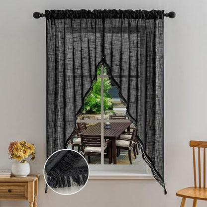 Beda Home Tassel Linen Textured Swag Curtain Valance, Black, 36 x 63 in - color: Black, size: 36"W x 63"L (Pack of 2)