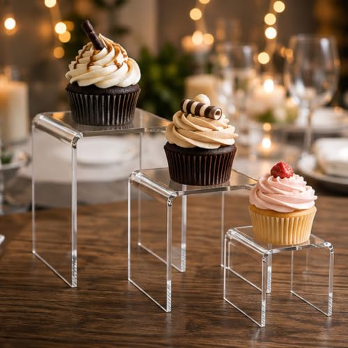 Clear Acrylic Display Risers Set of 3, Assorted 4 5 6 Inch Retail Pedestals, Transparent Tabletop Stands for Jewelry, Figurines, Crafts, Collectibles, Store Fixtures, Dessert Table and Product Displays