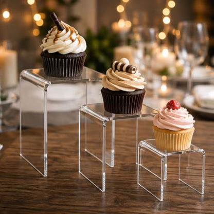 Clear Acrylic Display Risers Set of 3, Assorted 4 5 6 Inch Retail Pedestals, Transparent Tabletop Stands for Jewelry, Figurines, Crafts, Collectibles, Store Fixtures, Dessert Table and Product Displays