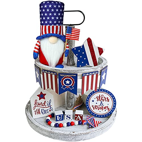 9PCS 4th of July Tiered Tray Decor, Red White and Blue Decorations Patriotic Gnome, Memorial Labour Day Wood Signs, 250th Anniversary Farmhouse Rustic Patriotic Decorations for Home - style: Patriotic
