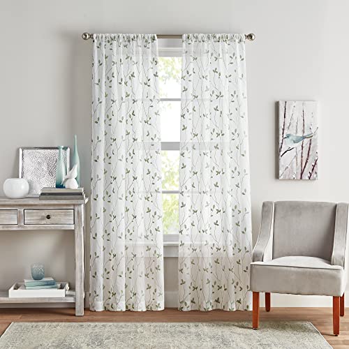 Curtainworks Botanical Embroidery Sheer Window Curtain Collection, Rod Pocket, 84-inch Panel Pair, Sage, Green - color: Green, size: 37"W x 84"L (Pack of 2)