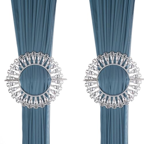 2 Pack Shiny Curtain Tiebacks Luxury Curtain Holdbacks Plastic Curtain Clips Buckle Drapery Holdbacks Crystal Drapery Tiebacks for Window Decoration, with Fixing Rod (26 Crystals, Gold) (Silver)