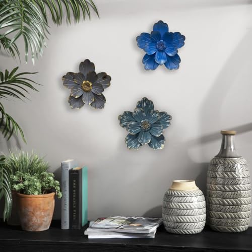 Metal Flower Wall Sculpture, 9.5" Blue Rustic Modern Artwork - color: 02C-Blue