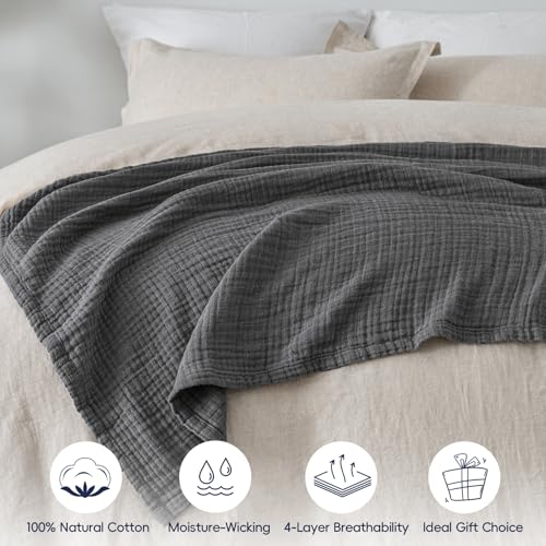 PHF 100% Cotton Muslin Blanket for Adults, Twin XL 66"X90", Greyish Black - color: 04 - Greyish Black, size: Twin XL(66"X90")