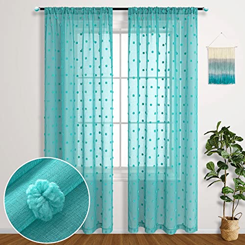 KOUFALL Teal Curtains 84 Inch Length for Bedroom 2 Panels Set,Sheer Boho Bohemian Pom Pom Summer Curtains for Living Room 84 Inches Long - color: Teal, size: 52"W x 84"L (Pack of 2)