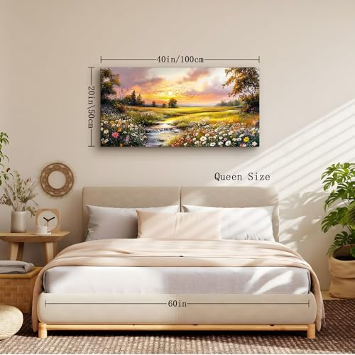 crmotu Nature Landscape Wall Art, Sunset Wildflowers Pictures 20X40 In - color: River Flowing Sunset, size: 40"L x 20"W