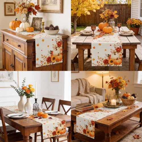 Fall Thanksgiving Table Runner 36 Inches Long,Orange Pumpkins Maple Leaf Flower Cotton Linen Table Runners Dresser Scarves,Farmhouse Fabric Tabletop Scarf Furniture Cover for Home Dinner Party 13"x36" - color: Cream, Terracotta, Dusty Rose, Autumn Orange,