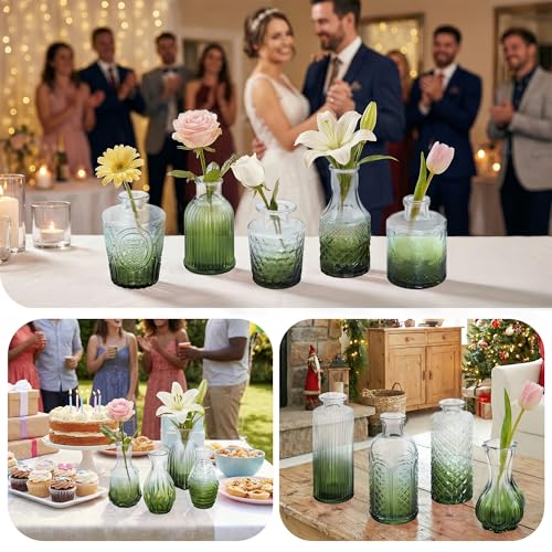 17Pack Glass Bud Vases in Bulk Dark Green Small Mini Vase for Flowers - color: Geen and White