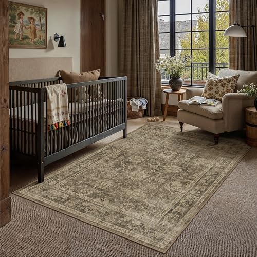 HUGEAR 5x7 Brown Retro Distressed Washable Area Rug for Living Room - color: A| Brown, size: 5' x 7' (Rectangular)