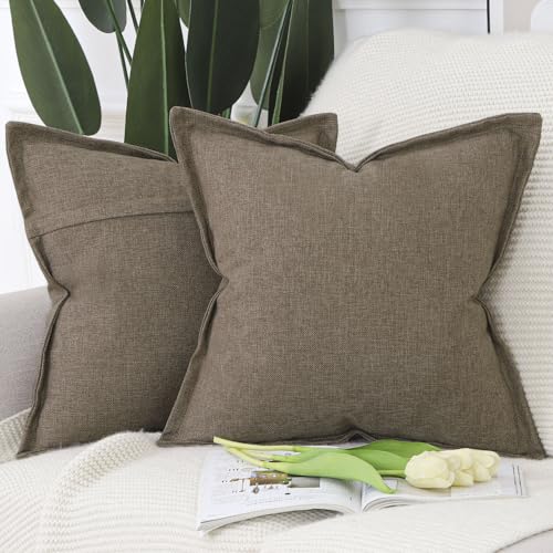 MADIZZ Pack of 2 Faux Rustic Linen Throw Pillow Covers with Flange Edge Soft Boho Natural Decorative Pillowcases for Sofa Living Room Modern Throw Pillows for Bed 24x24 Inch Brown - color: Brown, size: 24" x 24" (Pack of 2)
