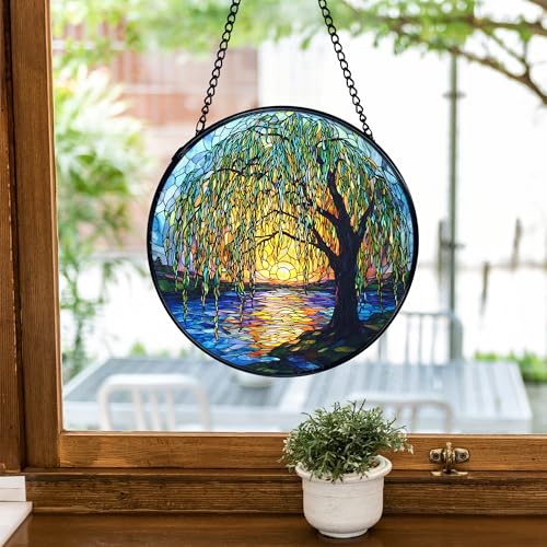 TNUW Willow Tree Stained Glass Window Hanging, Weeping Willow Sun Catchers Indoor Window Glass Round Wall Art Decor, Nature Tree Wall Hanging Decorations, 7.9＂x7.9＂