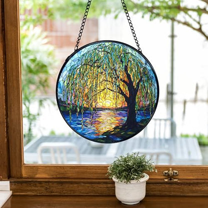 TNUW Willow Tree Stained Glass Window Hanging, Weeping Willow Sun Catchers Indoor Window Glass Round Wall Art Decor, Nature Tree Wall Hanging Decorations, 7.9＂x7.9＂