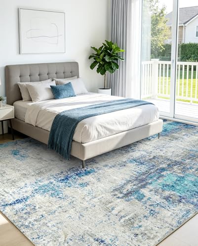 Washable Area Rug Living Room Rugs 10x14 - Neutral Modern Abstract Rugs Soft Carpet with Non Slip Backing for Under Dining Room Table, Bedroom, Home, Office,Light Blue - color: Light Blue/Gray, size: 10' x 14' (Rectangular)