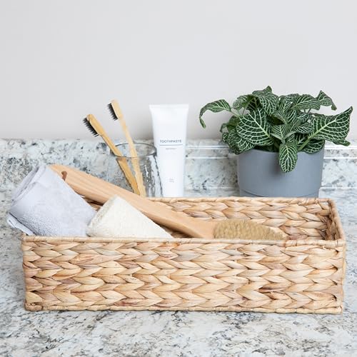 Household Essentials Water Hyacinth Rectangular Storage Basket with Handwoven Fibers and Iron Frame, Natural Finish - color: Natural