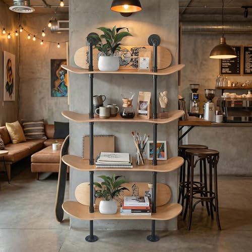 Industrial Pipe Bookcase, 4 Tier Shelf, Natural Wood Stain Finish - size: 4 Tier Shelf