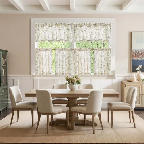 jinchan Green Linen Floral Kitchen Tier Curtains and Valance Set 3 Pieces - color: Alisa | Green on Linen, size: 26"W x 24"L (Pack of 3)