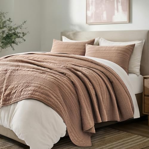 EVERGRACEHOME 100% Cotton Modern Lines Quilt Set Queen Size, Rose Dust - color: Rose Dust, size: Full/Queen (92" X 92")