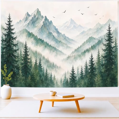 Delur Misty Forest Mountain Tapestry Sage Green Nature Pine Tree Tapestries Watercolor Foggy Woodlands Birds Landscape Headboard for Bedroom Living Room Home Decor (70.8" x 92.5") - color: Misty Sage Mountain, size: 70.8"L x 92.5"W